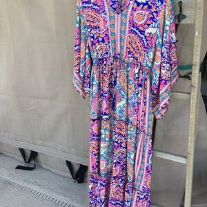 Me 2 Magic Multicolor Earthy Free Spirit Maxi Dress Kerchief Sleeve SZ S